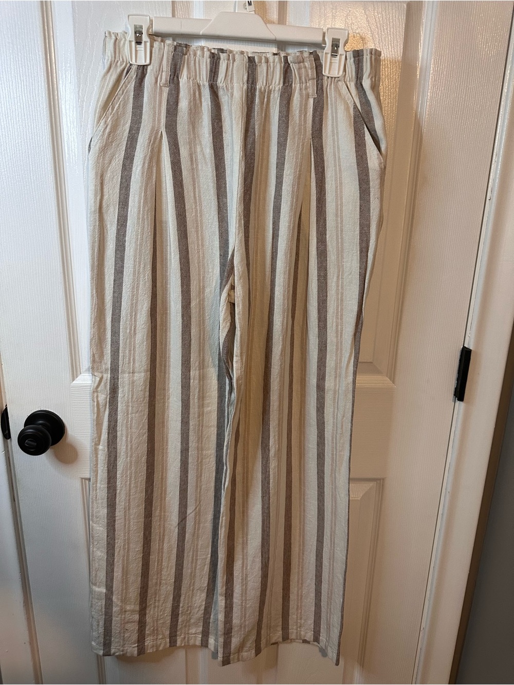 Love Tree Beige and Brown Stripe Casual Wide Leg Pants